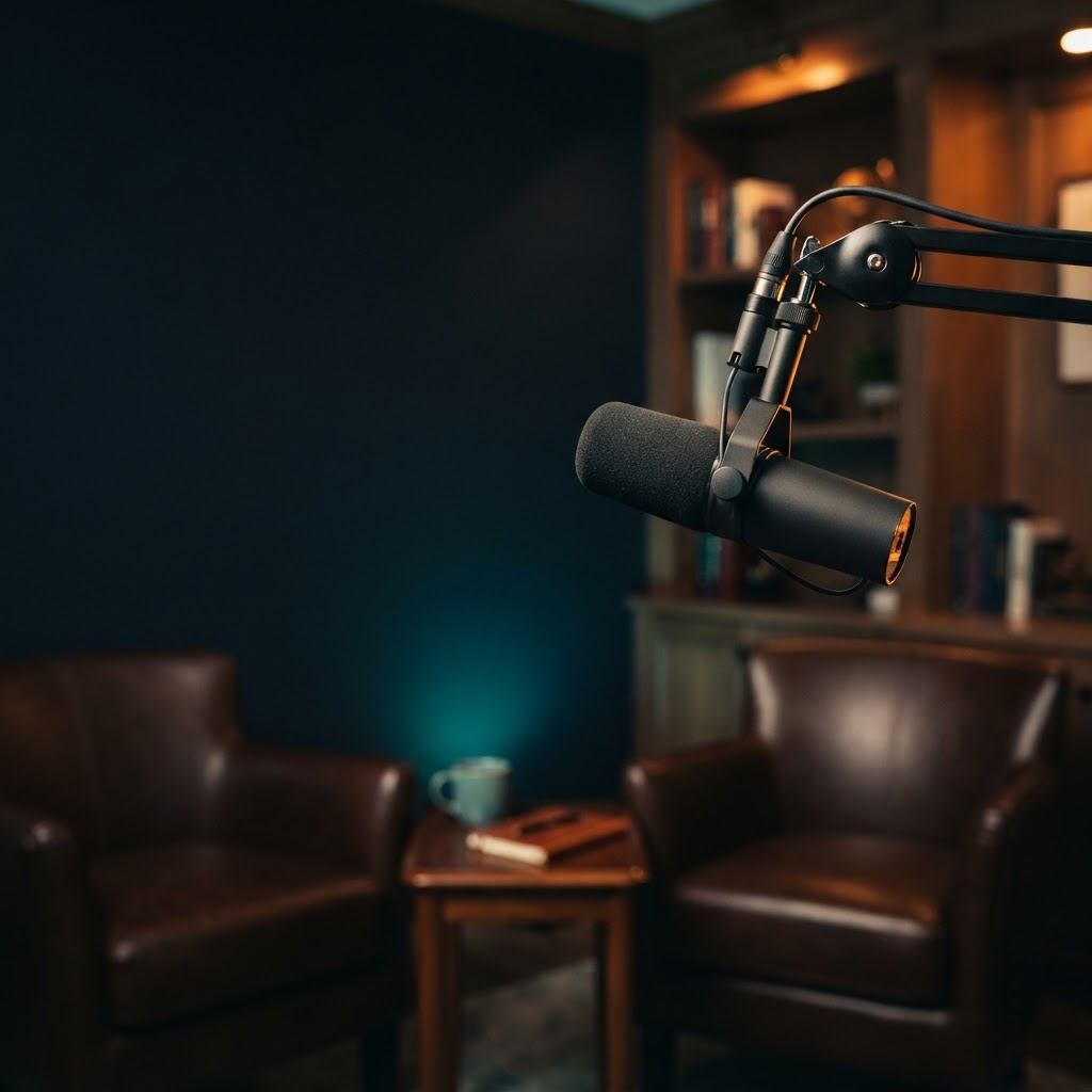 The Finance Operator podcast: a broadcast microphone lit warm against a dark studio, with two leather chairs facing each other in the soft-focus background