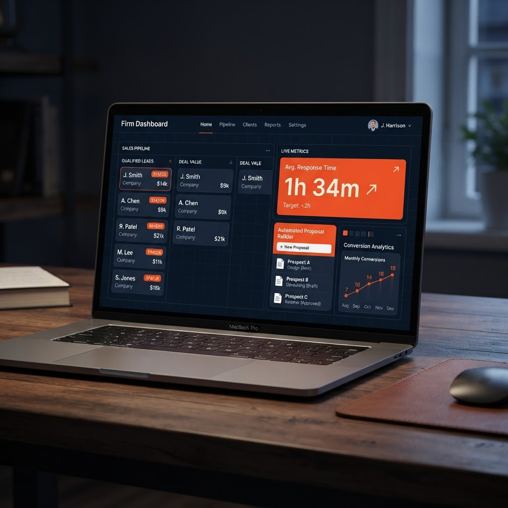 Custom sales-system dashboard built for a professional advice and broking firm, showing pipeline, response-time metrics and an automated proposal builder