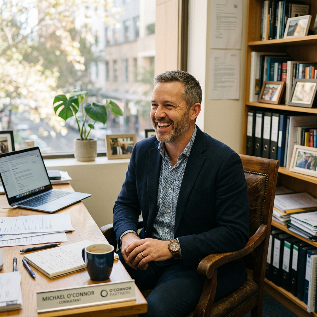 Business owner laughing in his office