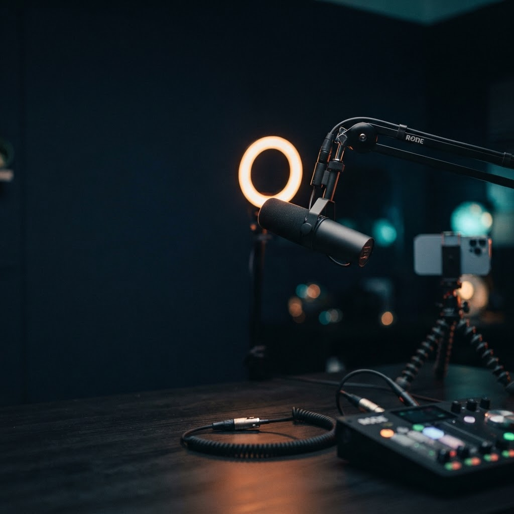 The Finance Operator podcast: a broadcast microphone and ring light lit with warm orange and teal against a dark studio background