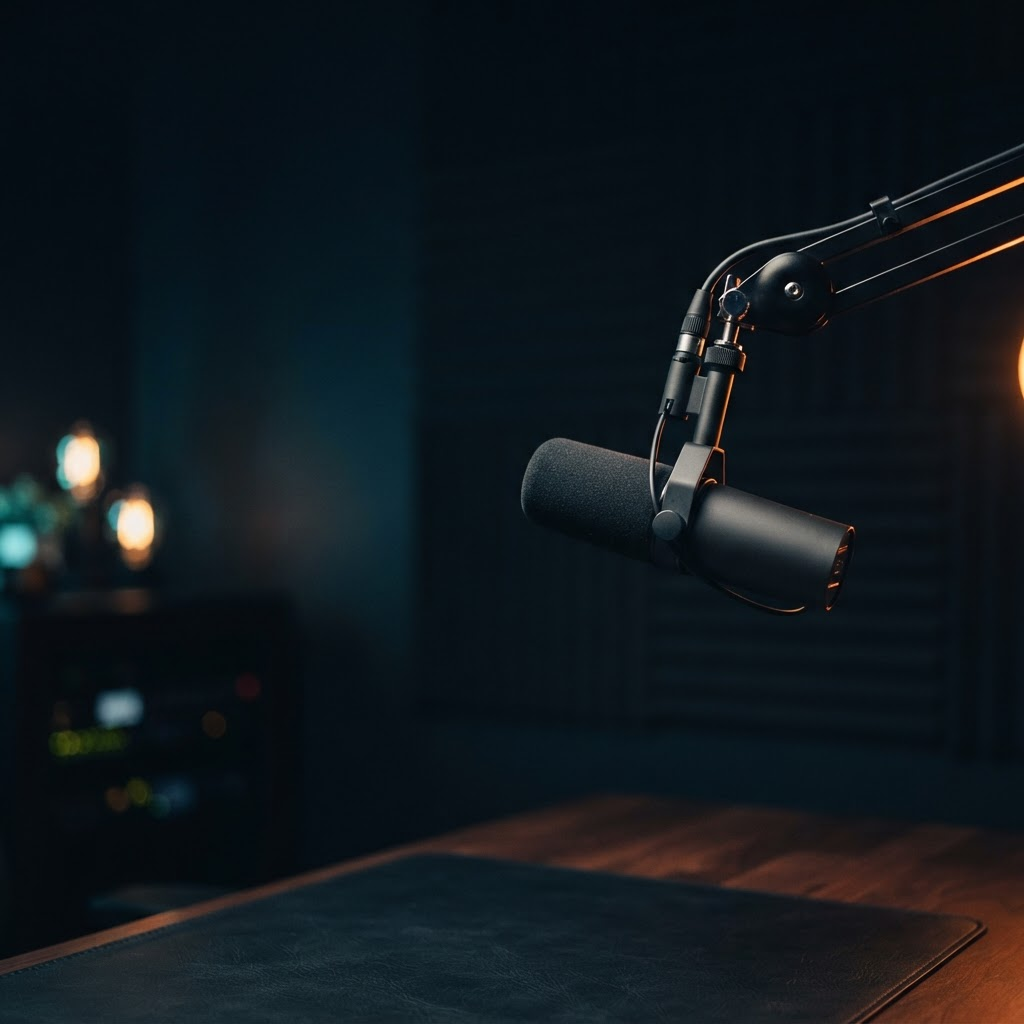 The Finance Operator podcast: a broadcast microphone lit with warm orange and teal light on a dark studio background