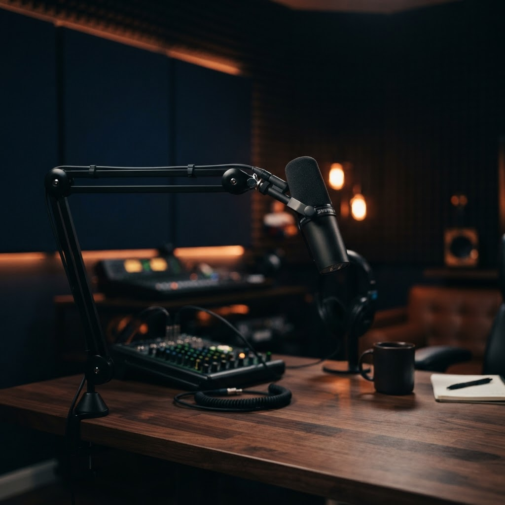 The Finance Operator podcast: a broadcast microphone lit with warm orange light on a dark studio background