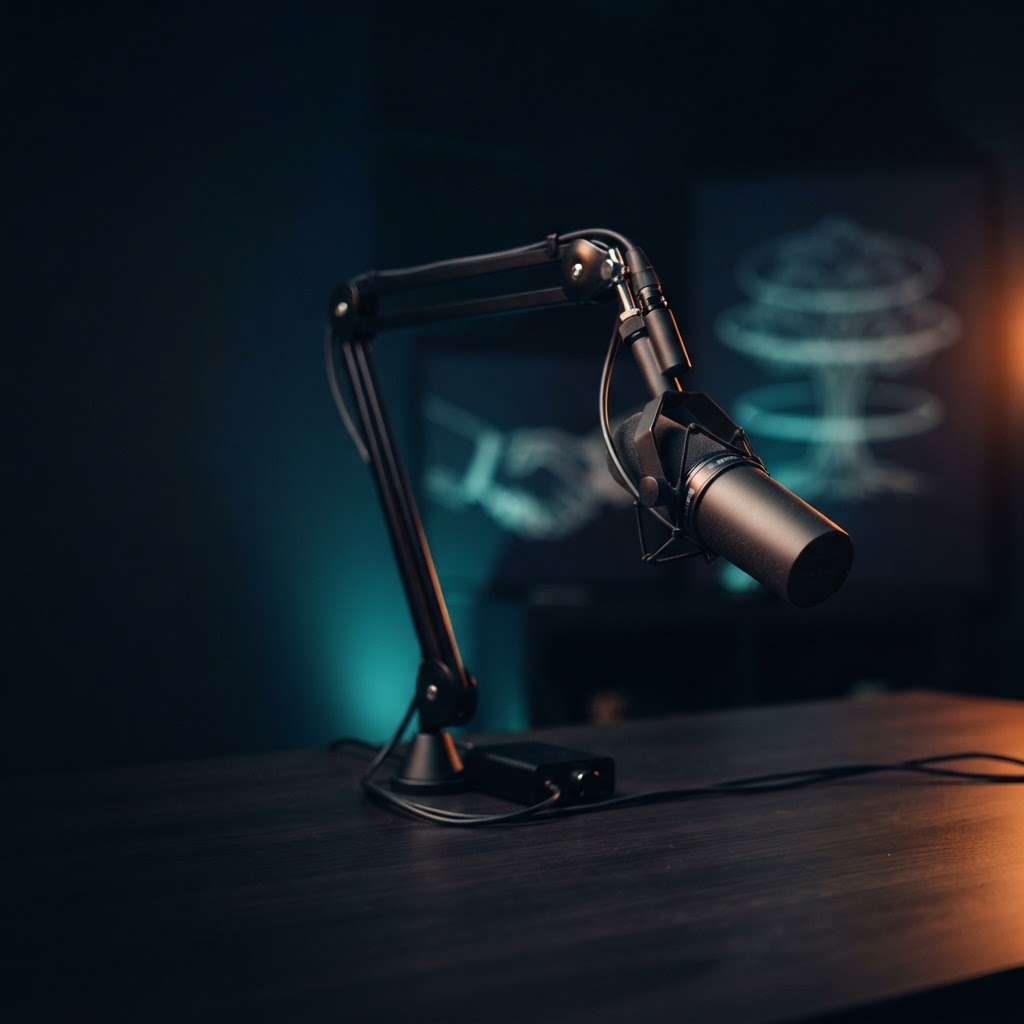 The Finance Operator podcast: a broadcast microphone lit warm against a dark studio, with a blurred handshake and a layered growth-ring tree in the background