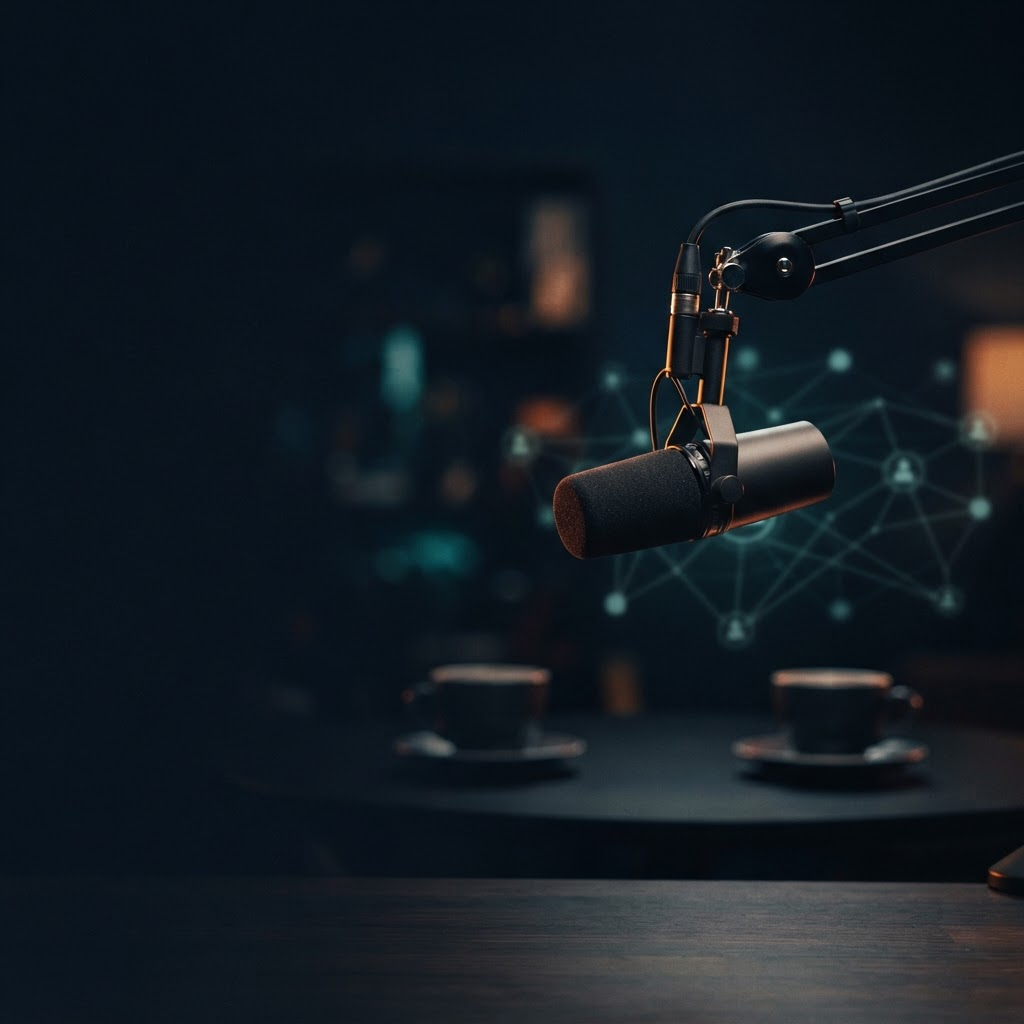 The Finance Operator podcast: a broadcast microphone lit warm against a dark studio, with a blurred pair of coffee cups and a glowing referral-network diagram in the background