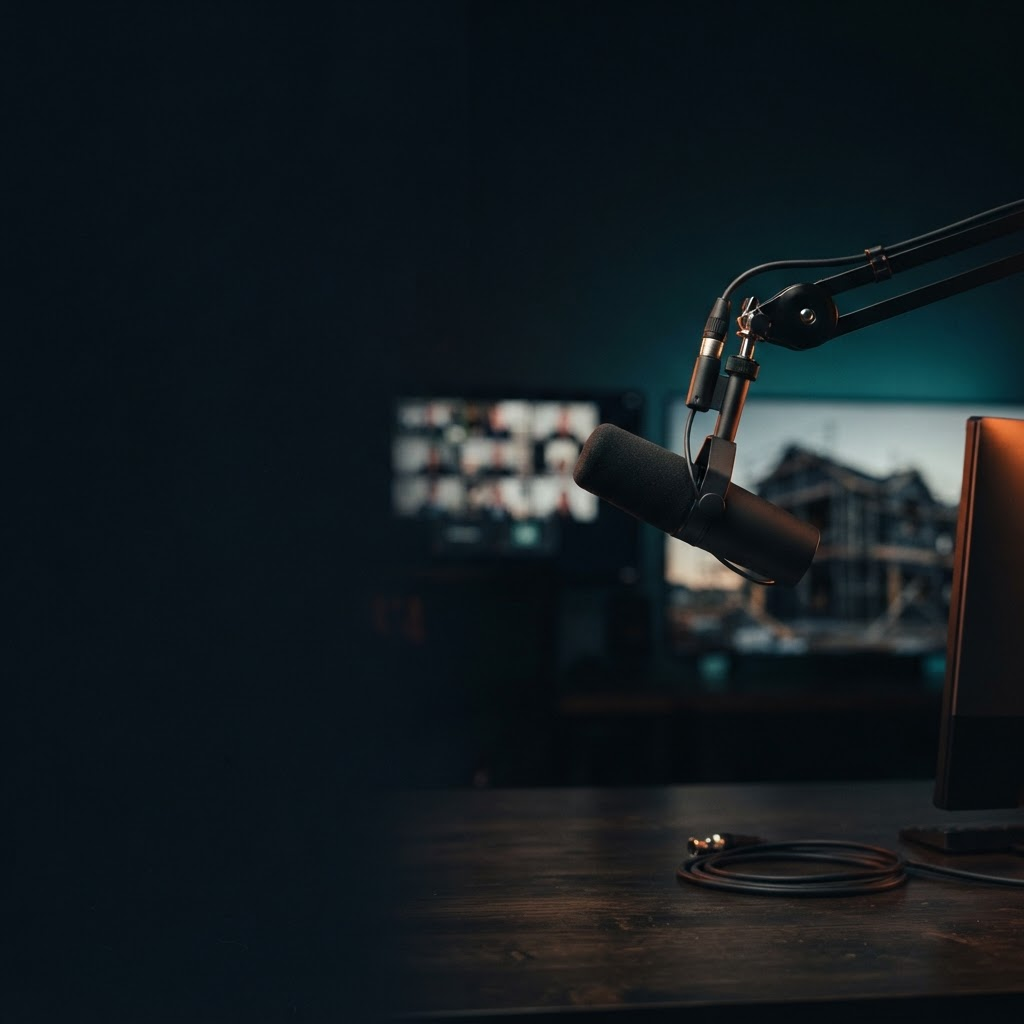 The Finance Operator podcast: a broadcast microphone lit warm against a dark studio, with a blurred grid of video-call tiles and a new-build house under construction in the background