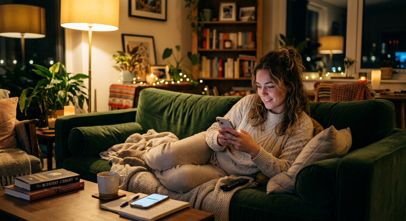 Woman on her couch at night messaging businesses on her phone