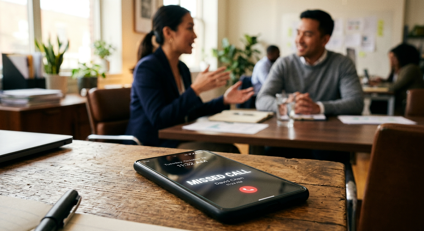 Phone on a desk showing a missed call while the owner is in a meeting