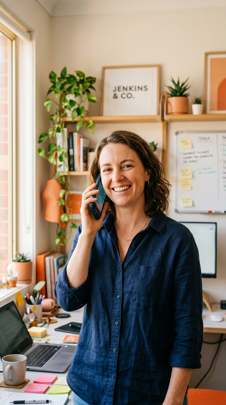 Smiling business owner holding her phone in her office