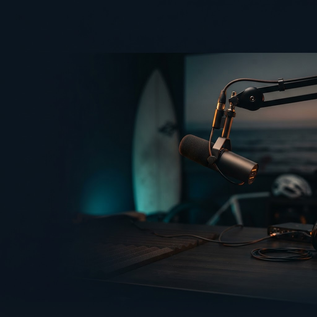 The Finance Operator podcast: a broadcast microphone lit warm against a dark studio, with a blurred surfboard and ocean horizon in the background