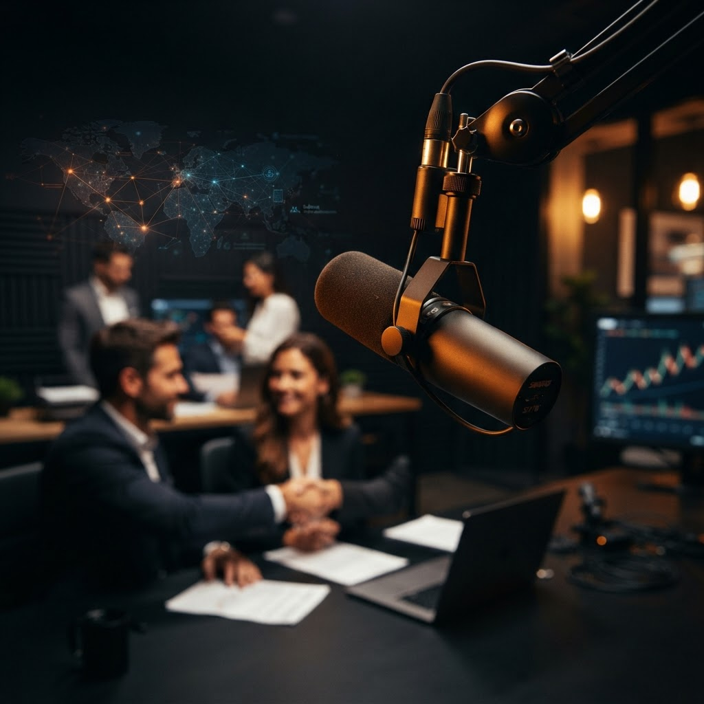 The Finance Operator podcast: a broadcast microphone lit warm against a dark studio, with a blurred brokerage team, a partner handshake and glowing referral-network lines in the background