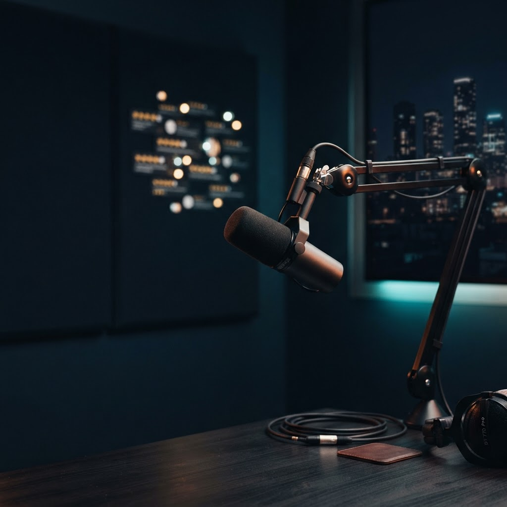 The Finance Operator podcast: a broadcast microphone lit warm against a dark studio, with a blurred residential skyline and glowing five-star review cards in the background